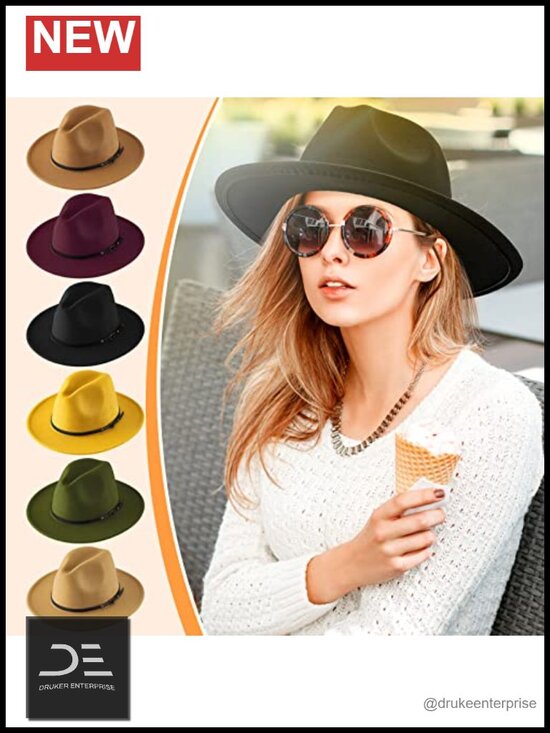 6 Pack Felt Wide Brim Fedora Hats with Belt Buckle Vintage Boho Panama Hat main image 5